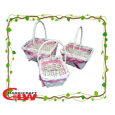 pink gift wicker baskets with handle,easter egg baskets wholesale,set of 3 rectangular pink willow and wood chip basket